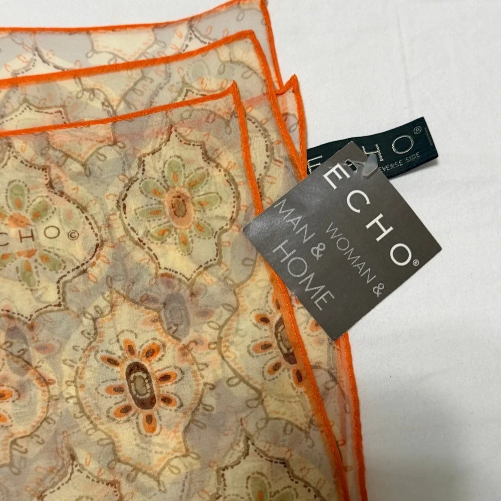Echo Woman Silk Scarf Orange Tan Medallion Print Square Neck 25x25